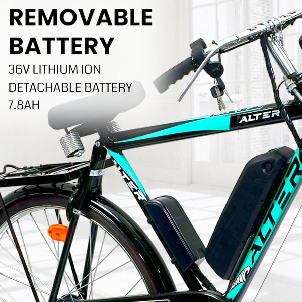 ALTER 26" 002S CLASSIC MODEL ELECTRIC CYCLE | BLDC HUB |RALEIGH TYPE | VOLTAGE THROTTLE | 95% PRE-ASSEMBLED WITH CHARGER (SEAGREEN, 7.8AH) Alter Bikes