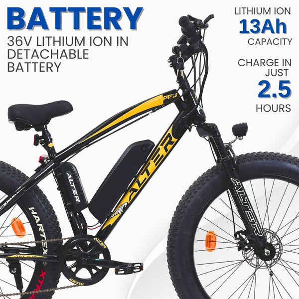Alter 26" F-035 PRO Model Electric Cycle with 36V 350W BLDC HUB Motor | LI-ION REMOVABLE BATTERY | SUITABLE FOR HILLY AREAS | 95% PREASSEMBLED with Charger (GOLDEN, 13 AH) Alter Bikes